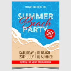 Wall Mural - Summer beach party vector illustration design with sea waves and sandy beach on background. Promo poster, banner, invitation flyer for exotic and tropical entertainment event during vacation.