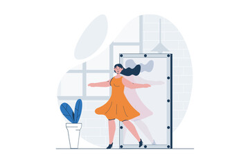 Poster - People dancing web concept with character scene. Woman enjoying dance in studio and training by mirror. People situation in flat design. Vector illustration for social media marketing material.