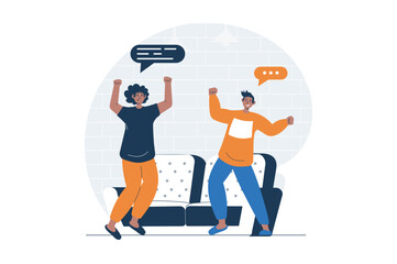 Poster - People dancing web concept with character scene. Excited men enjoying dance, jumping and celebrating together. People situation in flat design. Vector illustration for social media marketing material.