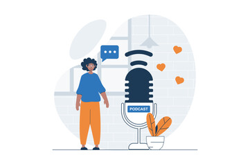 Aufkleber - Podcast streaming web concept with character scene. Man recording audio in huge microphone for podcast show. People situation in flat design. Vector illustration for social media marketing material.