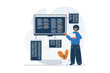 Fototapete - Programming web concept with character scene. Man developer coding and making program at different screens. People situation in flat design. Vector illustration for social media marketing material.