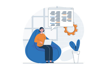 Leinwandbilder - Programming web concept with character scene. Woman coding and making program at screen, working at laptop. People situation in flat design. Vector illustration for social media marketing material.