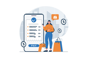 Poster - Secure payment web concept with character scene. Woman paying bills with protect of personal financial data. People situation in flat design. Vector illustration for social media marketing material.