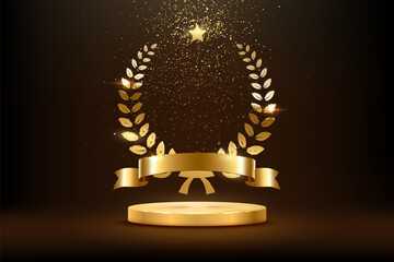 Wall Mural - gold award round podium with laurel wreath, ribbon, star, shiny glitter and sparkles isolated on dar