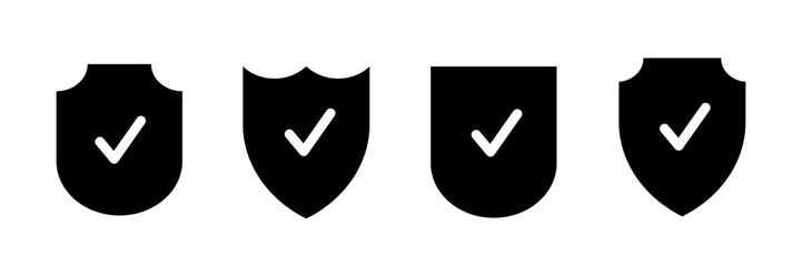 Poster - Black shields of different shapes with check mark inside vector illustration. Abstract antivirus security collection, internet data protection icons isolated on white