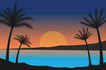 Wall Mural - summer Sunset beach vector background, Sunset scene landscape background, tropical beach landscape illustration, Sunset beach with palm trees vector background, gradient beach scenery background 