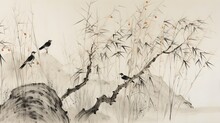 Wallpaper Featuring A Classic Chinese Painting Of Bamboo And Rocks In Traditional Ink And Watercolor Style. Generative AI.
