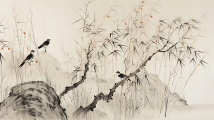 Wallpaper featuring a classic Chinese painting of bamboo and rocks in traditional ink and watercolor style. Generative AI.