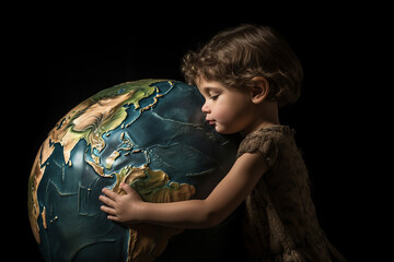 Wall Mural - A young child hugging a planet earth model. Protecting environment. Generative ai