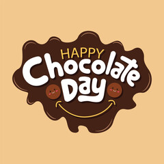 Canvas Print - Happy chocolate day lettering vector illustration with smile sign and brown color chocolate splash. Chocolate day typography logo for banner, poster, greeting card, template design. Modern lettering.