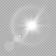 Vector transparent transparent sunlight special lens flare effect. sun glare on the front lens. Vector blur in bright light. Horizontal star beams and spotlight.