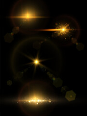 Aufkleber - Vector transparent golden sunlight special lens flare light effect. sun glare on the front lens. Vector blur in bright light. Horizontal star beams and spotlight.