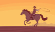 Cowboy man in a hat rides a horse. Desert and hot sunset. Swinging rope lasso. Wild West landscape, western, rodeo and horse racing. Cartoon vector illustration