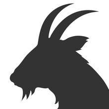 Portrait Of A Goat Head With Horns. Farm Horned Pet. Goat Milk. Cartoon Vector Illustration. Black Silhouette