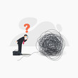 Vector businessman hold magnifying glass looking at big scribble roll. Businessman looking for the source of the problem, problem solving concept illustration