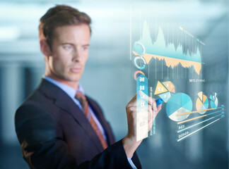 Poster - Charts, future and man with hologram, digital interface and check investment for growth and planning. Male person, accountant and employee with graphs, innovation and planning for futuristic finances