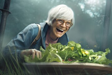 elderly woman happy to see a big plate of green lettuce. healthy food concept. generative ai.