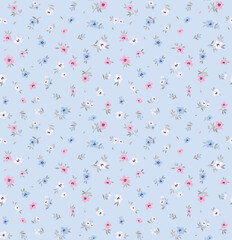 Wall Mural - Delicate floral pattern in small abstract flowers. Small white, blue and pink flowers. Light blue background. Ditsy print. Floral seamless background. Cute template for fashion prints. Stock pattern.