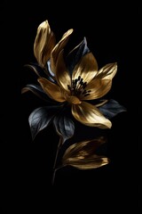 beautiful golden flowers with black leaves isolated on a dark black background. creative mystery con