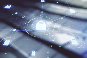 Poster - Virtual creative lock symbol and microcircuit illustration on blurry metal background. Protection and firewall concept. Multiexposure