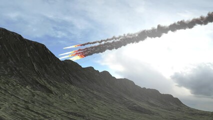 Wall Mural - meteors burning in atmosphere above green hill. cinematic view of potential asteroid impact earth, 4