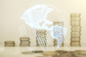 Poster - Virtual digital map of North America on stacks of coins background, international trading concept. Multiexposure