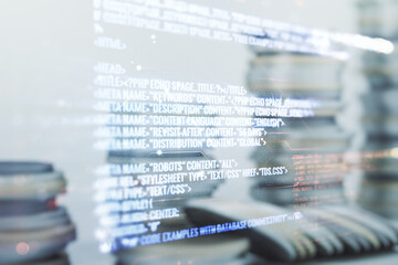 Poster - Abstract virtual coding illustration on coins background, software development concept. Multiexposure