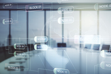 Poster - Double exposure of abstract creative programming illustration and world map on a modern boardroom background, big data and blockchain concept
