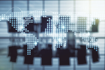 Poster - Abstract virtual world map with connections on a modern conference room background, international trading concept. Multiexposure