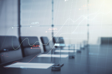 Poster - Multi exposure of creative statistics data hologram on a modern meeting room background, stats and analytics concept