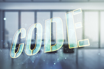 Poster - Code word hologram on a modern coworking room background, international software development concept. Multiexposure