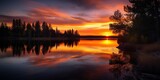 Fototapeta Krajobraz - A vibrant sunset reflecting over a serene lake, surrounded by trees, concept of Nature's splendor, created with Generative AI technology
