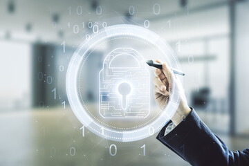 Poster - Double exposure of male hand with pen working with virtual creative lock hologram with chip on blurred office background. Information security concept