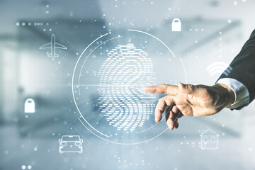 Aufkleber - Multi exposure of male hand presses on virtual creative fingerprint hologram on blurred office background, personal biometric data concept