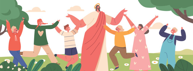 Wall Mural - Jesus Biblical Character Surrounded By Children, Smiling And Rejoice With Them On Green Summer Meadow