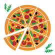 Pizza włoska pieczona w piecu kamiennym. Włoska kuchnia. Pepperoni, rukola, oliwki, kukurydza, papryka i ser. Kolorowy rysunek wektorowy - cała pizza. Pizza pocięta na kawałki na białym tle.