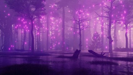 Wall Mural - mysterious forest swamp with mystical supernatural firefly lights soaring in the air at dark misty n