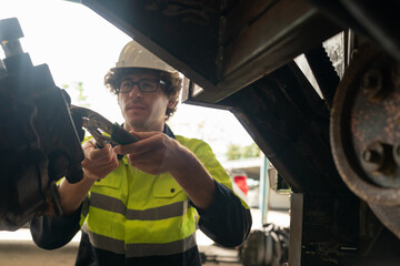 Poster - Production engineers are assisting adjusting and maintaining factory machine, Male workers technician examining control the industrial technology tool, professional repair men work in industry plant