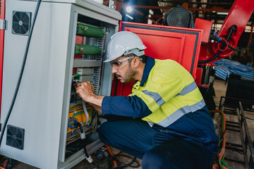 Poster - professional business industry technician wearing safety helmet working to maintenance service and checking factory equipment, a work of engineer occupation in manufacturing construction technology
