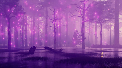 Wall Mural - supernatural fairy firefly lights flying around creepy dead tree silhouettes in swampy mystical nigh