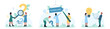 Making decision, choice set vector illustration. Cartoon tiny people look through magnifier at question mark and arrow guideline, untangle wire of light bulb, ask guideline manual to solve problem