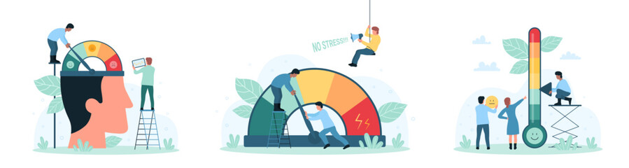 Stress levels set vector illustration. Cartoon tiny people manage negative and positive mood, control and push arrow on speedometer dial inside human head, scales indicator of problem on thermometer
