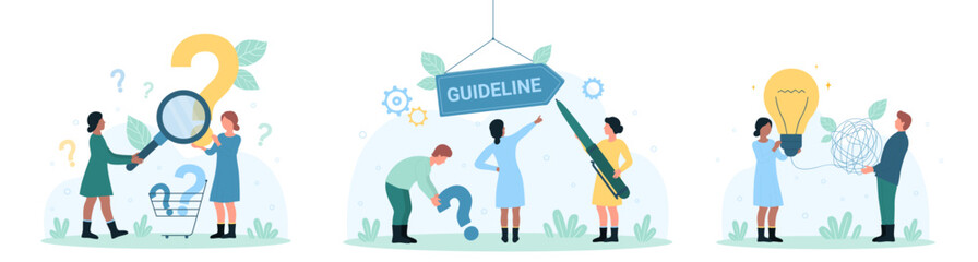 Making decision, choice set vector illustration. Cartoon tiny people look through magnifier at question mark and arrow guideline, untangle wire of light bulb, ask guideline manual to solve problem