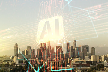 Poster - Double exposure of creative artificial Intelligence icon on Los Angeles city skyscrapers background. Neural networks and machine learning concept