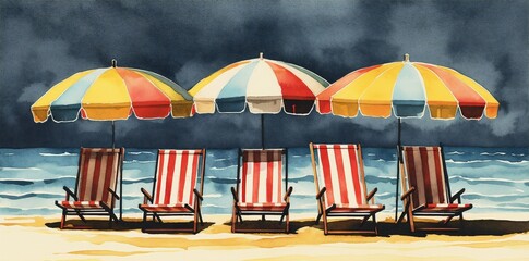 Poster - resort chair rest summer watercolor beach background sea vacation relax umbrella. Generative AI.