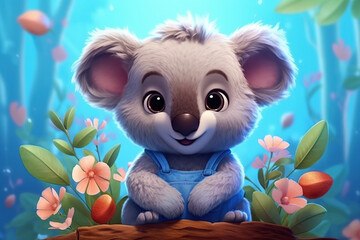 Wall Mural - a cute adorable baby koala in nature rendered in the style of children-friendly cartoon animation fantasy style  created by AI