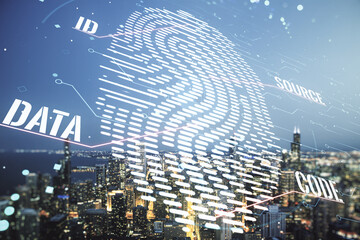 Aufkleber - Double exposure of virtual creative fingerprint hologram on Chicago office buildings background, protection of personal information concept