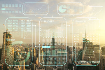 Poster - Multi exposure of creative statistics data hologram on New York city skyscrapers background, stats and analytics concept