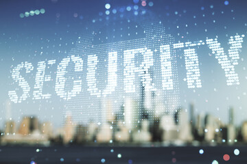 Aufkleber - Virtual cyber security creative concept on blurry skyline background. Double exposure