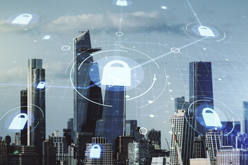 Poster - Virtual creative lock illustration with microcircuit on New York cityscape background, cyber security concept. Multiexposure